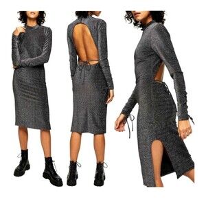Topshop Glitter Cocktail Open Back Dress Black Silver NYE size 8